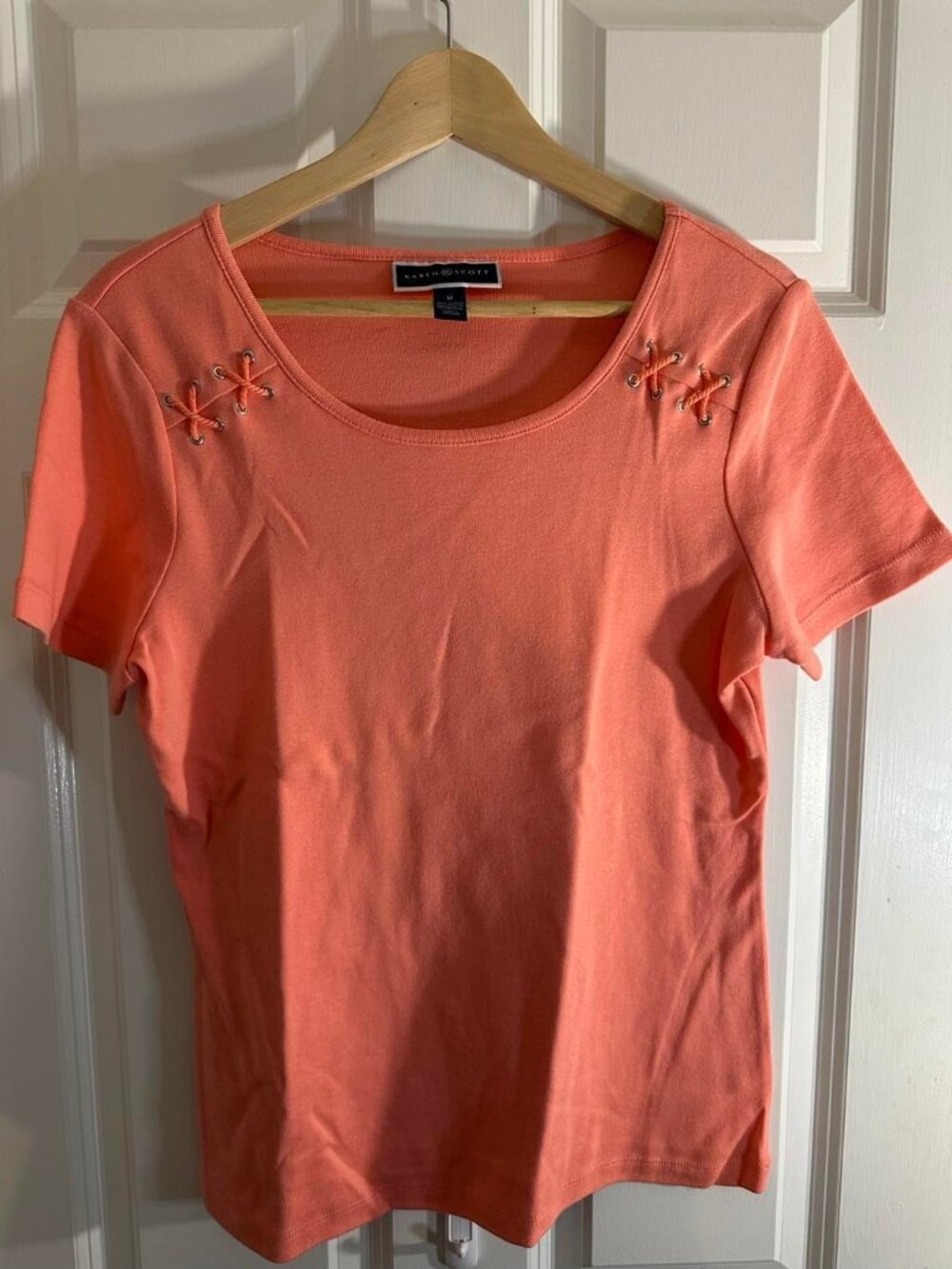 Karen Scott Coral Lace-Up Shoulder Tee - Size M